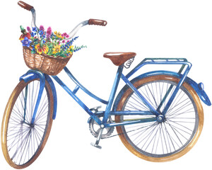 Fototapeta na wymiar Blue women's bicycle with a basket and wildflowers