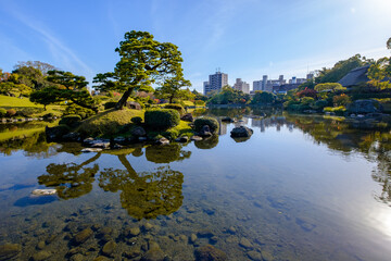 A clear lake at Suizenji Garden (Landmark garden in Kumamoto, Japan)