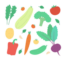 Set with hand drawn colorful vegetables. Modern vector illustration in a trendy style. Vegetables flat icons set: cucumber, carrot, onion, tomato, greenery.