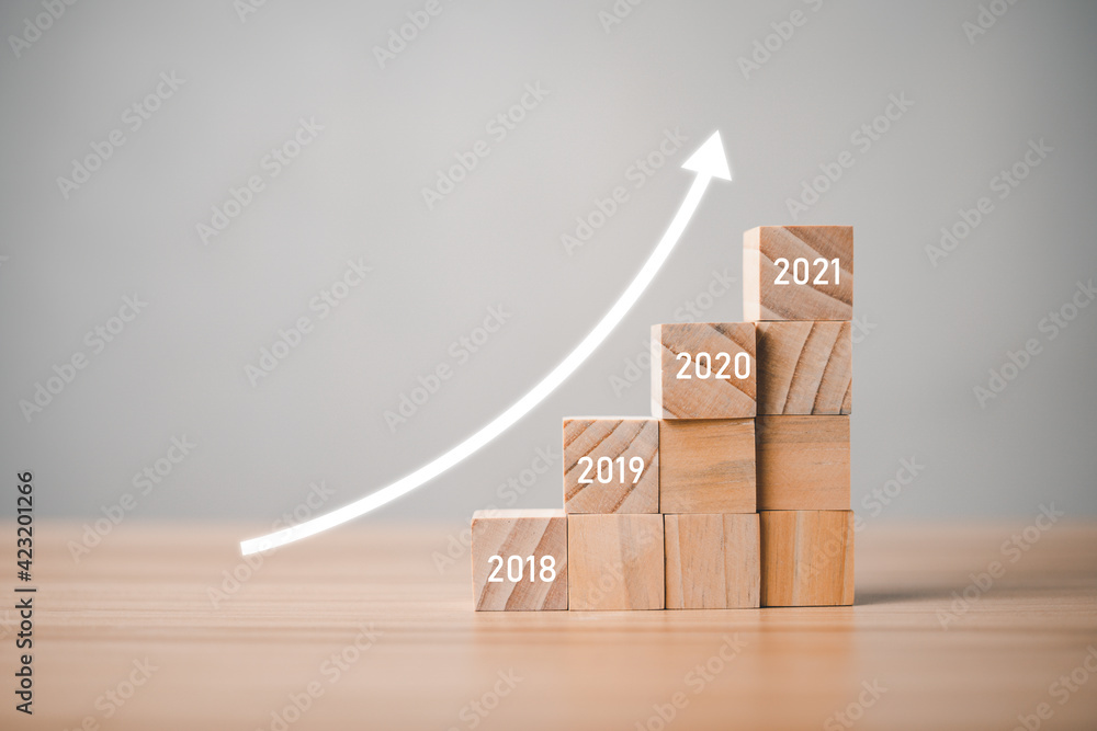 Wall mural the growth of interest rate financial, stocks and economy every year. the blocks of wood are stacked