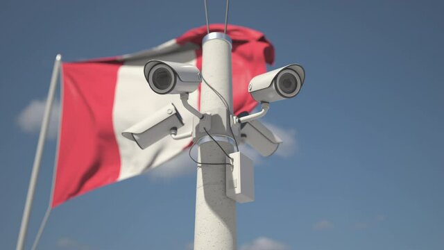 Flag of Peru and four security cameras on the pole, looping 3d animation