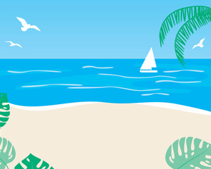 Fototapeta na wymiar Seaside resort as a template for copy space, flat vector stock illustration with palms on the beach, sea, ocean with yacht