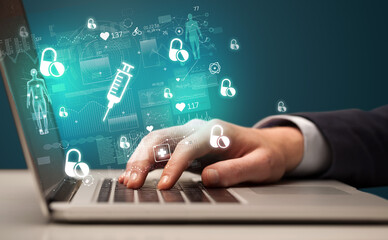 Naklejka premium hand browsing on the internet for medical issues