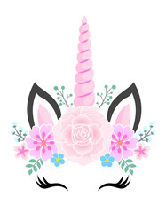 Unicorn Flower headband wreath, Unicorn head with flower crown, Unicorn Face. Vector illustration for card and shirt design © Zsuzsanna