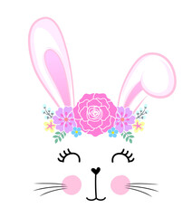 Bunny with floral headband wreath - Cute bunny drawing. Funny calligraphy for spring holiday, Easter egg hunt. Perfect for advertising, poster, announcement or greeting card. Beautiful white Rabbit.