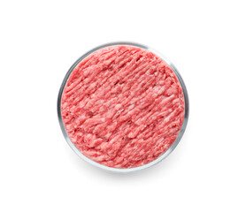 Petri dish with raw minced cultured meat on white background, top view