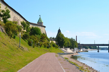 Embankment near the Holy Trinity Cathedral in Pskov, Russia