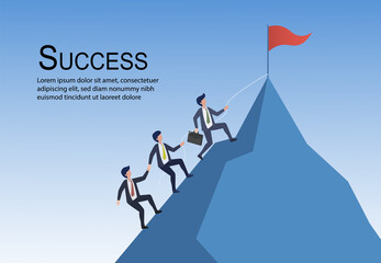 Go up to success. The boss climbs in front of his subordinates to find the target flag. Businessman are successful in their career.