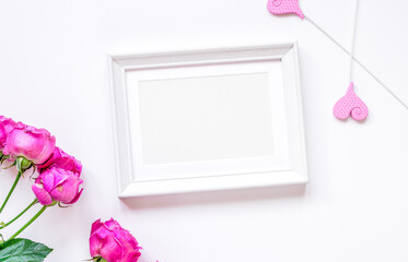 Spring design with peony flower and frame white background top view mock-up