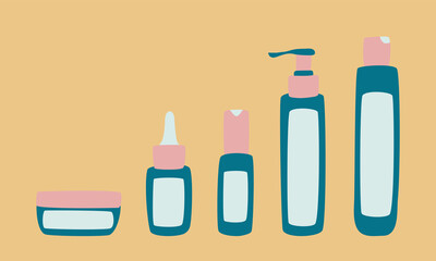 Set of cosmetic products for care and spa - cream, serum, shampoo, lotion, spray, gel in plastic bottle and tube