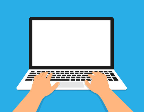 Hand on computer laptop. Laptop and hand vector flat
