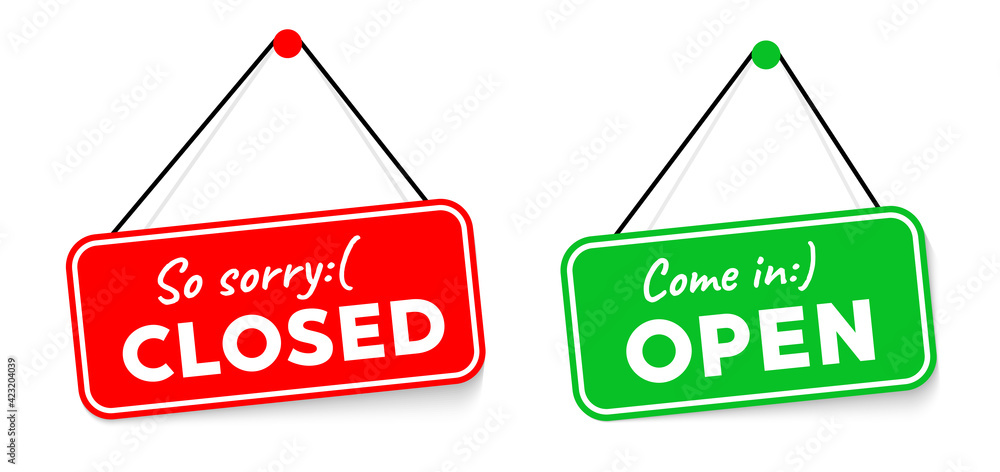 Aufkleber come in we're open or closed in signboard with a rope on transparent background. vector