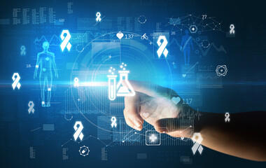 Doctor hand pressing futuristic health device with medical symbol on screen
