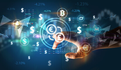 Business person hand pushing currency symbol on multimedia touch screen
