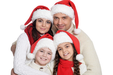 happy family with kids posing in santa hats