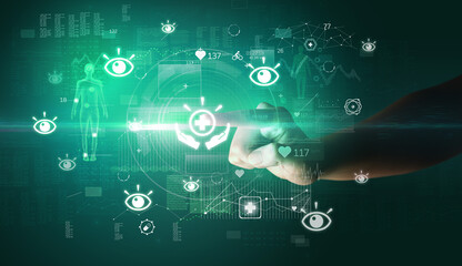 Doctor hand pressing futuristic health device with medical symbol on screen