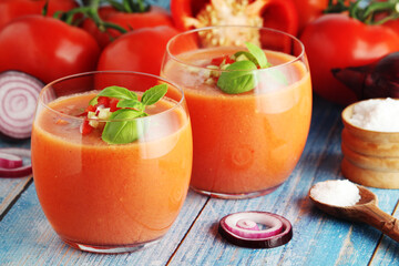 Cold Spanish soup Gazpacho served in glasses	