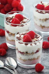 Granola with yogurt trifles with raspberry