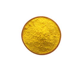 Yellow powder in bowl isolated on white, top view. Holi festival celebration