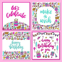 set of 4 birthday cards decorated with lettering quotes and doodles on white background. Good for posters, prints, invitations, banners, signs, etc. EPS 10