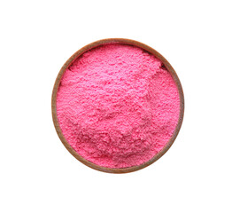 Pink powder in bowl isolated on white, top view. Holi festival celebration