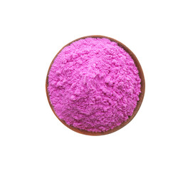 Obraz na płótnie Canvas Violet powder in bowl isolated on white, top view. Holi festival celebration