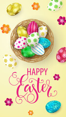 Happy Easter lettering, painted eggs. Spring holidays, Easter background. Vector illustration EPS10.
