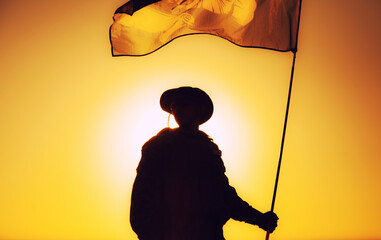 Silhouette of army soldier, commando fighter special forces infantryman standing on background of...