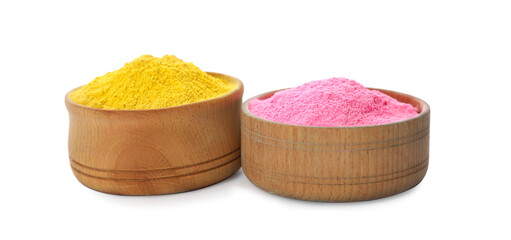 Colorful powder dyes in bowls on white background. Holi festival