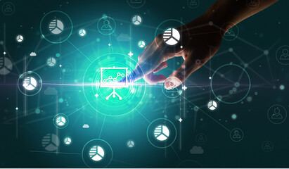 Businessman hand pressing stock graphic information on multitouch screen