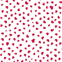 White background with red hearts of different sizes made from red lipstick print. Textile pattern.