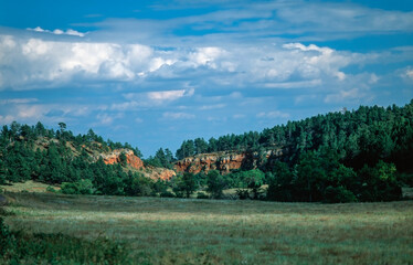 Green meadows and red sandstone cliffs in Colorado, USA