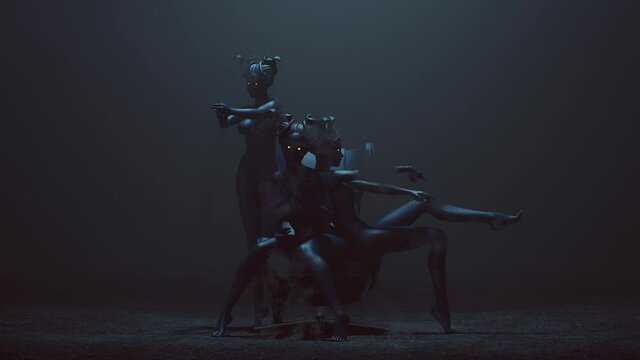 3 Blue Seductive Medusa Sisters in a Foggy Void 3d illustration animation
