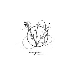 Vector hand drawn logo template in elegant and minimal style Branch with leaves and berries with a text sample. Feminine romantic floral design. For business branding and identity.