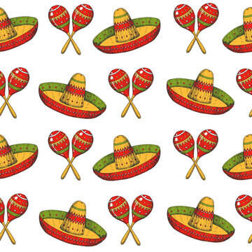 Cinco de Mayo seamless pattern with colored Hand drawn Mexican symbols- maracas and sombrero on white. Sketch. For wallpaper, web page background