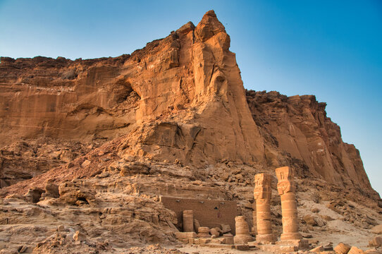 The last standing pillars of Napata's temple of Amun at the foot of Jebel Barkal, Sudan