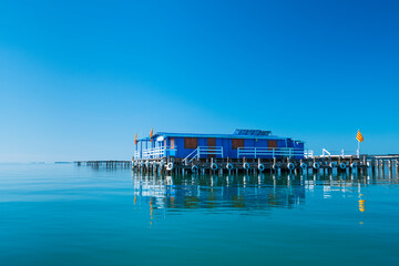 Naklejka premium L'Avi Agusti Mussel Farm, Sant Carles de la Rapita Village, The Ebre Delta Natural Park, Terres de l'Ebre, Tarragona, Catalonia, Spain