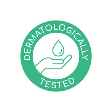 Dermatologically tested icon. Green circle stamp with a human palm. Safe personal hygiene product. Medically tested cosmetics. Healthy skin care. Hand and a drop. Vector illustration, flat, clip art.