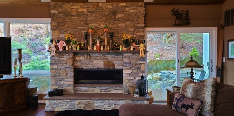 Stone Fireplace with Easter Decorations on the Mantle