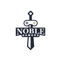 Noble gamers logo template - gaming stick and knight sword - blade and joystick © CreativeMate