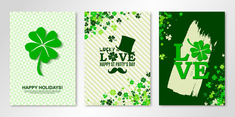 St Patrick's Day greeting cards set with logo, clover and shamrock confetti. Three vector flyer design templates for banners, invitations, greeting cards, certificates. All isolated, layered