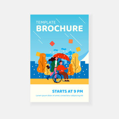 Fototapeta premium Disabled guy and assistant walking in rain. Girl with handicapped friend in wheelchair outdoors flat vector illustration. Diversity, social care concept for banner, website design or landing web page