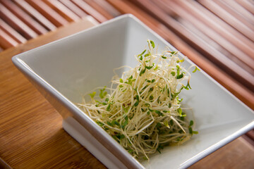Alfalfa sprouts in a square white dish on bamboo