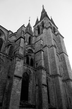 black and white photo of a catholic church. Church Saint-nicolas in Blois