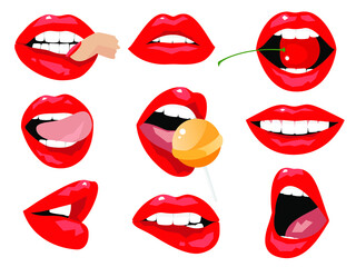 Fototapeta na wymiar Beautiful sexy red female lips and white teeth. Emotions, smile, tongue, candy, passion, cherry, berry, lipstick. Set of isolated vector illustrations
