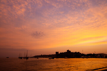 Fototapeta premium Bodrum Castle silhouette at sunset