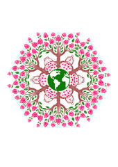 mandala or decorative rosette consisting of tree branches flowers leaves and a globe that symbolizes ecology problems and environmental protection