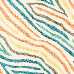 Embroidered seamless wavy pattern. Diagonal orientation. Hand-drawn patchwork ornament. Print for textiles. Zebra fur wallpaper. Vector illustration.