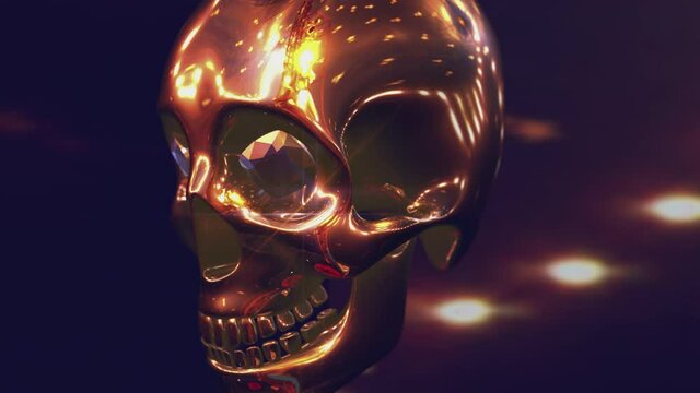 Seamless animation of golden skull with flares. Cool Halloween background