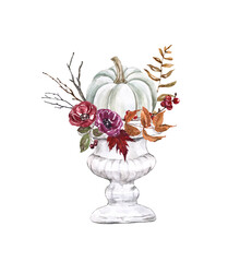 Thanksgiving decor in rustic farmhouse style. Watercolor white pumpkin with red, burgundy and purple flowers, colorful leaves and foliage in a vintage vase. Fall botanical illustration.